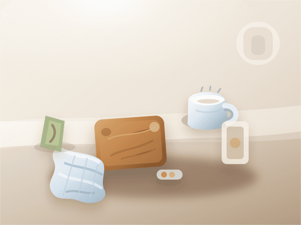 Premium realistic 3D kitchen counter with a cutting board, measuring cup, and dish towel