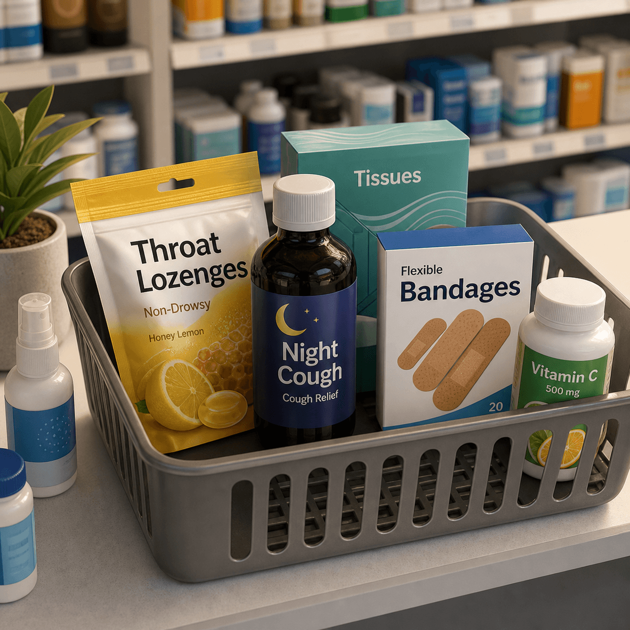 Realistic 3D pharmacy basket with throat lozenges, night cough syrup, and bandages