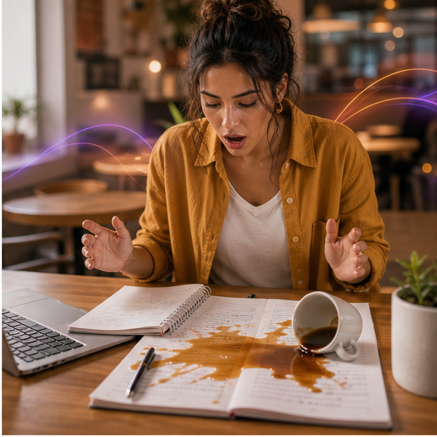 She ___ coffee on her notes. editorial-lifestyle visual