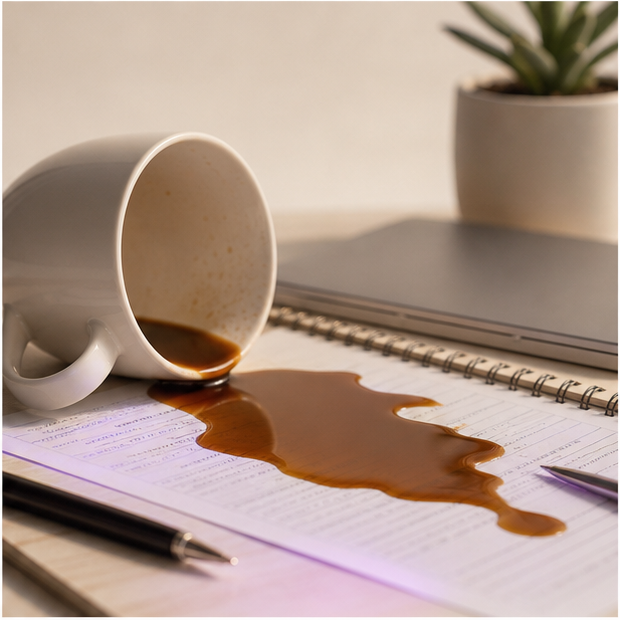 She ___ coffee on her notes. realistic-studio visual